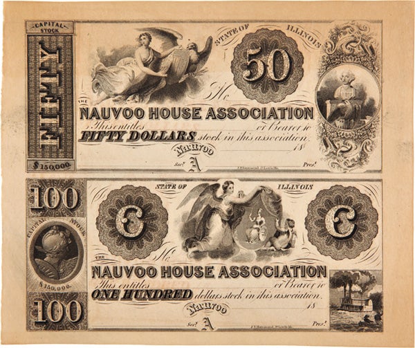 TWO PARTIALLY PRINTED SHARES OF STOCK IN THE NAUVOO HOUSE