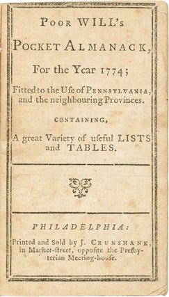 Item #WRCAM37589 POOR WILL'S POCKET ALMANACK, FOR THE YEAR 1774; FITTED TO THE USE OF...