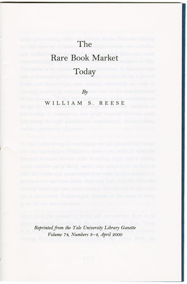 Item #WRCAM41772 THE RARE BOOK MARKET TODAY. William S. Reese.