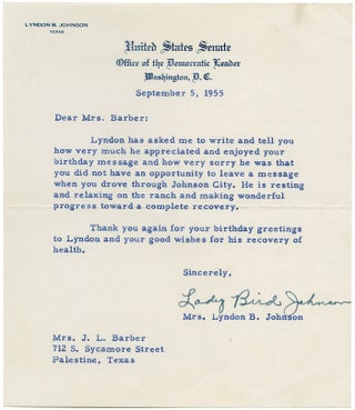 Item #WRCAM43533 [TYPED LETTER, SIGNED, FROM LADY BIRD JOHNSON TO MRS. J.L. BARBER, THANKING HER...