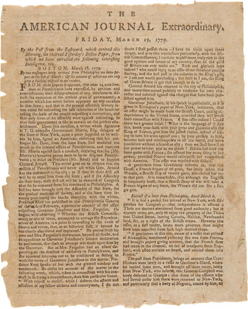 Item #WRCAM48517 AMERICAN JOURNAL EXTRAORDINARY. FRIDAY, MARCH 19, 1779 [caption title]. American Revolution.
