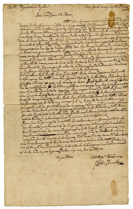 Item #WRCAM51818 [AUTOGRAPH LETTER, SIGNED, FROM CHRISTOPHER BANCKER TO MYNDERT SCHUYLER, MEMBERS OF TWO IMPORTANT NEW YORK COLONIAL FAMILIES]. Christopher Bancker.