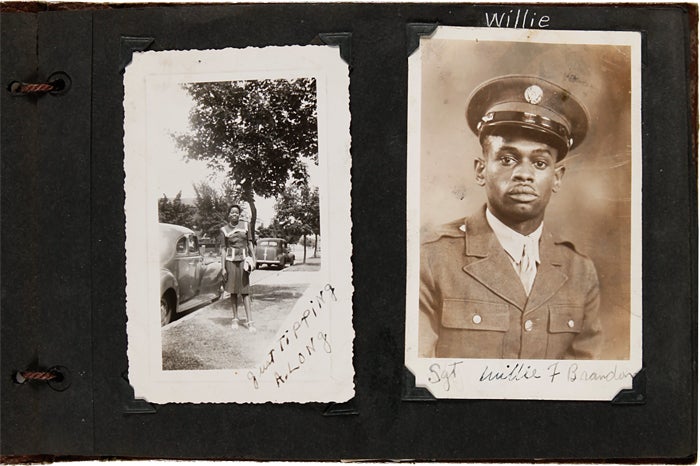 Item #WRCAM56588 [ANNOTATED VERNACULAR PHOTOGRAPH ALBUM KEPT BY AN AFRICAN-AMERICAN WOMAN FROM WASHINGTON, D.C., DOCUMENTING HER FAMILY MEMBERS, ESPECIALLY HER MILITARY BROTHERS WHO SERVED IN WORLD WAR II]. African-American Photographica, Ola A. Mayo Brandon.