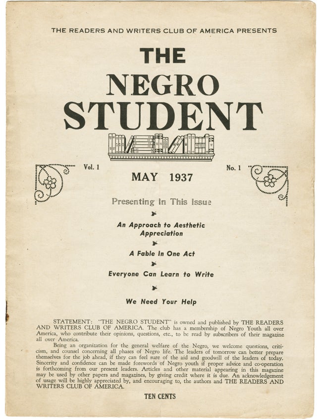 Item #WRCAM56696 THE READERS AND WRITERS CLUB OF AMERICA PRESENTS THE NEGRO STUDENT Vol. 1 No. 1 MAY 1937 [wrapper title]. African Americana, Readers, Writers Club of America.