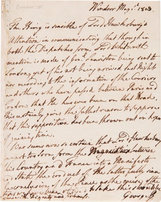 Item #WRCAM56968 [AUTOGRAPH LETTER, SIGNED, FROM KING GEORGE III TO BRITISH SECRETARY OF STATE...