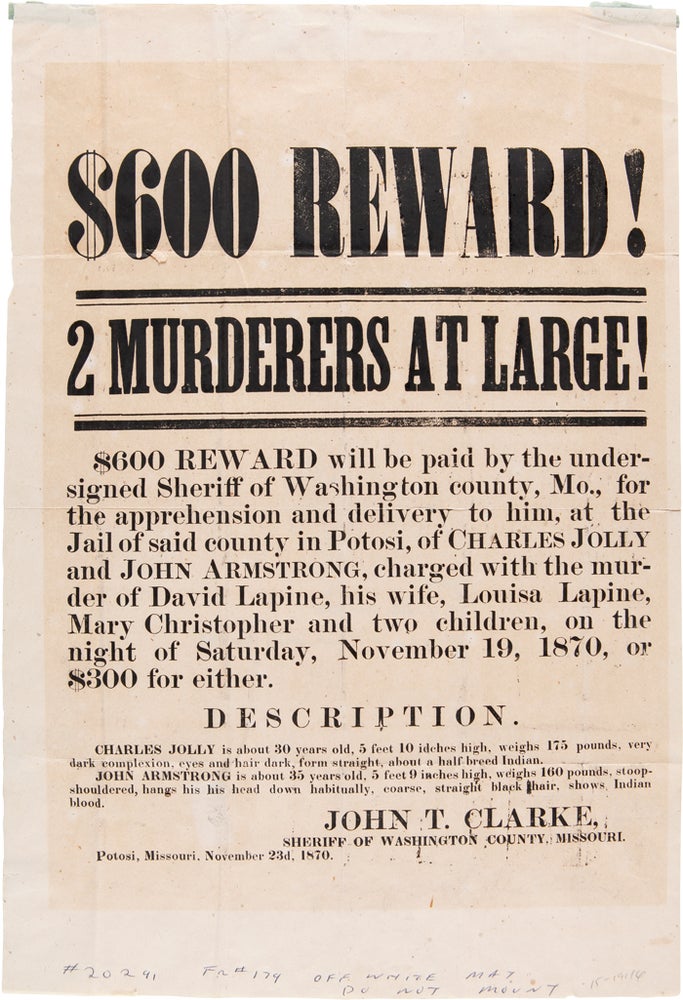 Item #WRCAM58640 $600 REWARD! 2 MURDERERS AT LARGE! [caption title]. Missouri Crime
