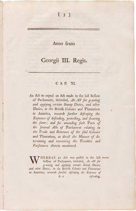 [A COLLECTION OF UNRECORDED EDINBURGH PRINTINGS OF FIVE BRITISH PARLIAMENTARY ACTS RELATING TO THE AMERICAN COLONIES AND THE AMERICAN REVOLUTION, INCLUDING THE SUGAR ACT, THE REPEAL OF THE STAMP ACT, AND THE PROHIBITORY ACT].