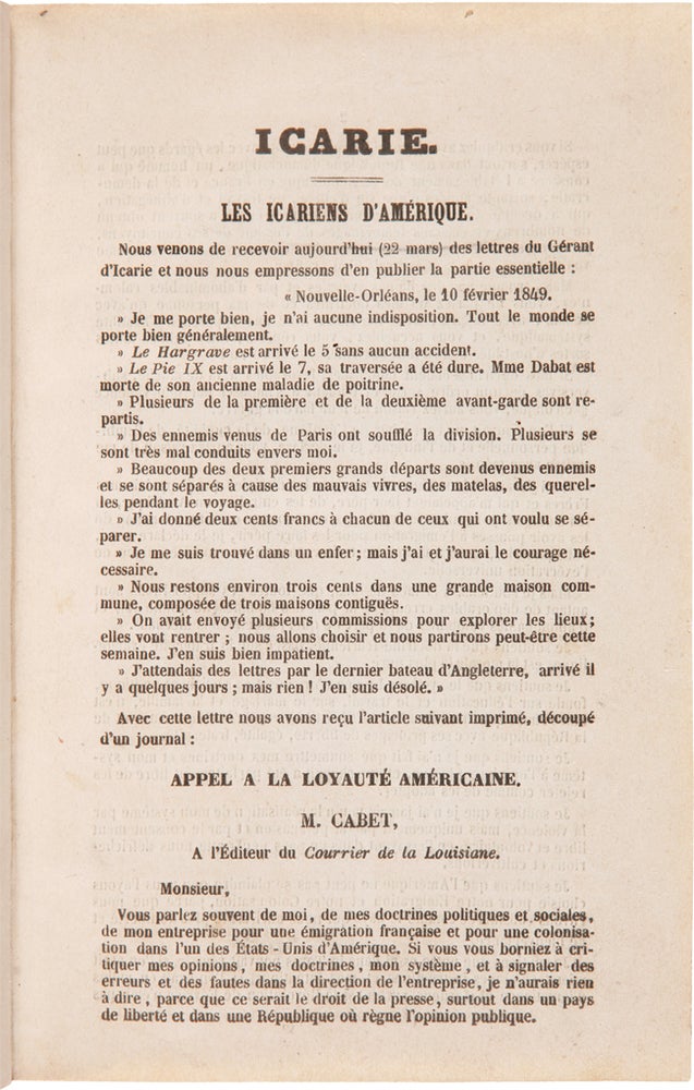 Item #WRCAM62035 ICARIE. LES ICARIENS D'AMERIQUE [caption title]. Etienne Cabet, P. Bourg.