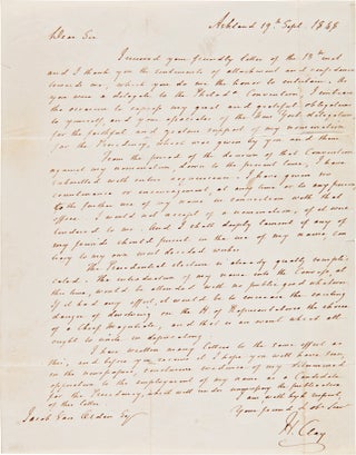 Item #WRCAM62216 [AUTOGRAPH LETTER, SIGNED, FROM HENRY CLAY TO JACOB VAN ORDEN, DENYING ANY...