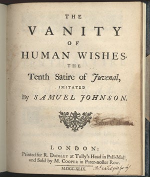Item #WRCLIT36074 THE VANITY OF HUMAN WISHES. THE TENTH SATIRE OF JUVENAL, IMITATED. Samuel Johnson