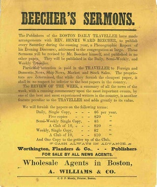 Item #WRCLIT65205 BEECHER'S SERMONS. THE PUBLISHERS OF THE BOSTON DAILY TRAVELLER .... [caption...