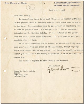 Item #WRCLIT67760 [Typed Letter, Signed, to Emil Ludwig]. George Bernard Shaw