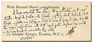 Item #WRCLIT67768 [Autograph Note, Signed with Initials]. George Bernard Shaw