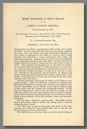Item #WRCLIT77191 ROYAL INSTITUTION OF GREAT BRITAIN. WEEKLY EVENING MEETING ... BOOKBINDING: ITS...
