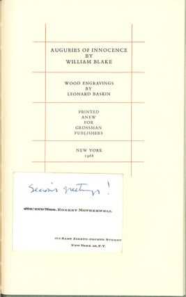 Item #WRCLIT80195 AUGURIES OF INNOCENCE ... WOOD ENGRAVINGS BY LEONARD BASKIN. William Blake