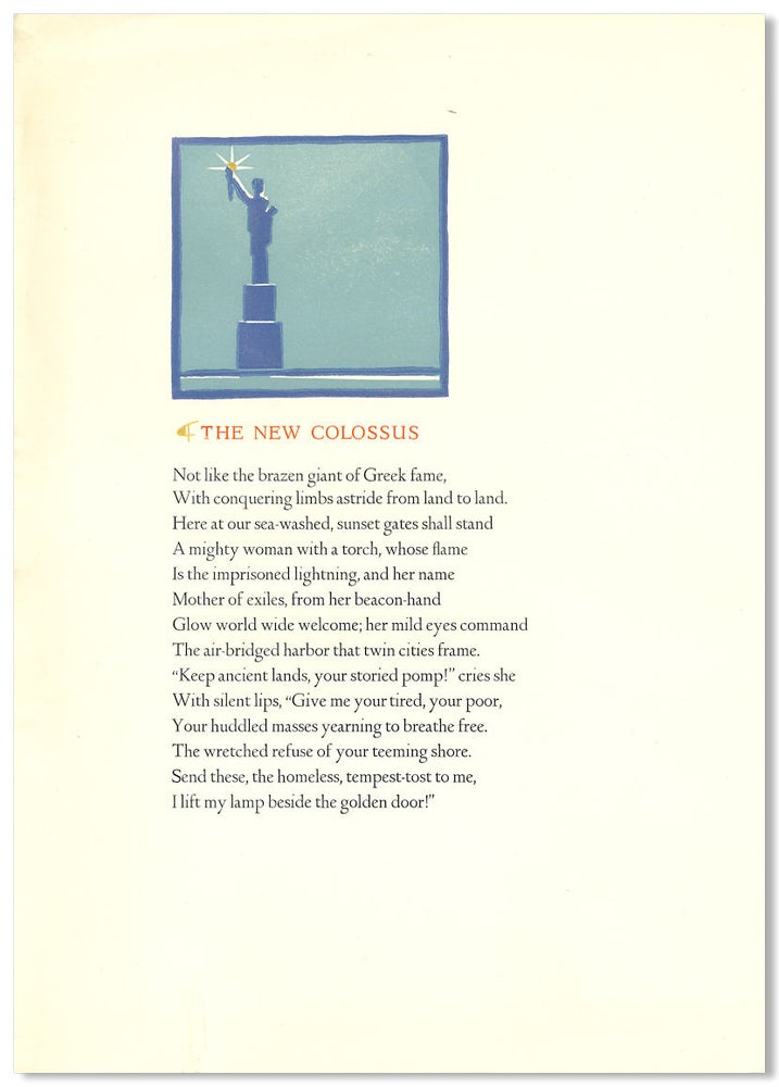 Item #WRCLIT86475 THE NEW COLOSSUS [caption title]. artist, printer.